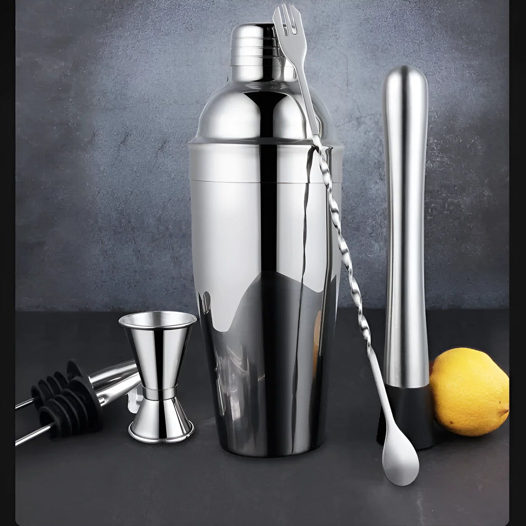 23-piece stainless steel cocktail set with European style finish including shaker, strainer, jigger, spoon and ice tongs