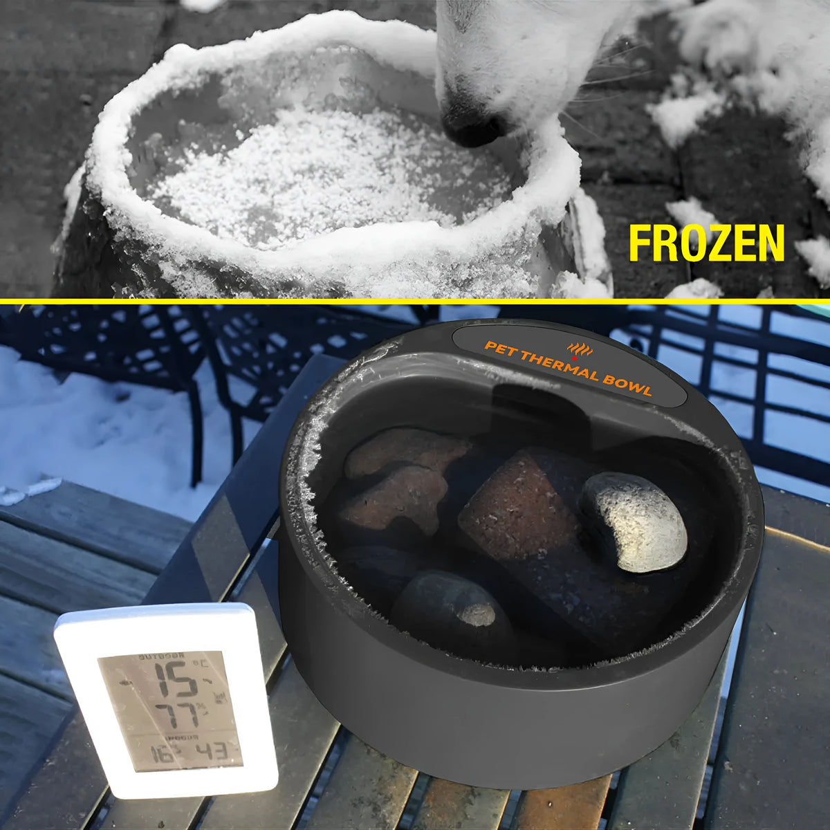 Black pet heating bowl with 2.2L capacity and constant temperature function for cats and dogs