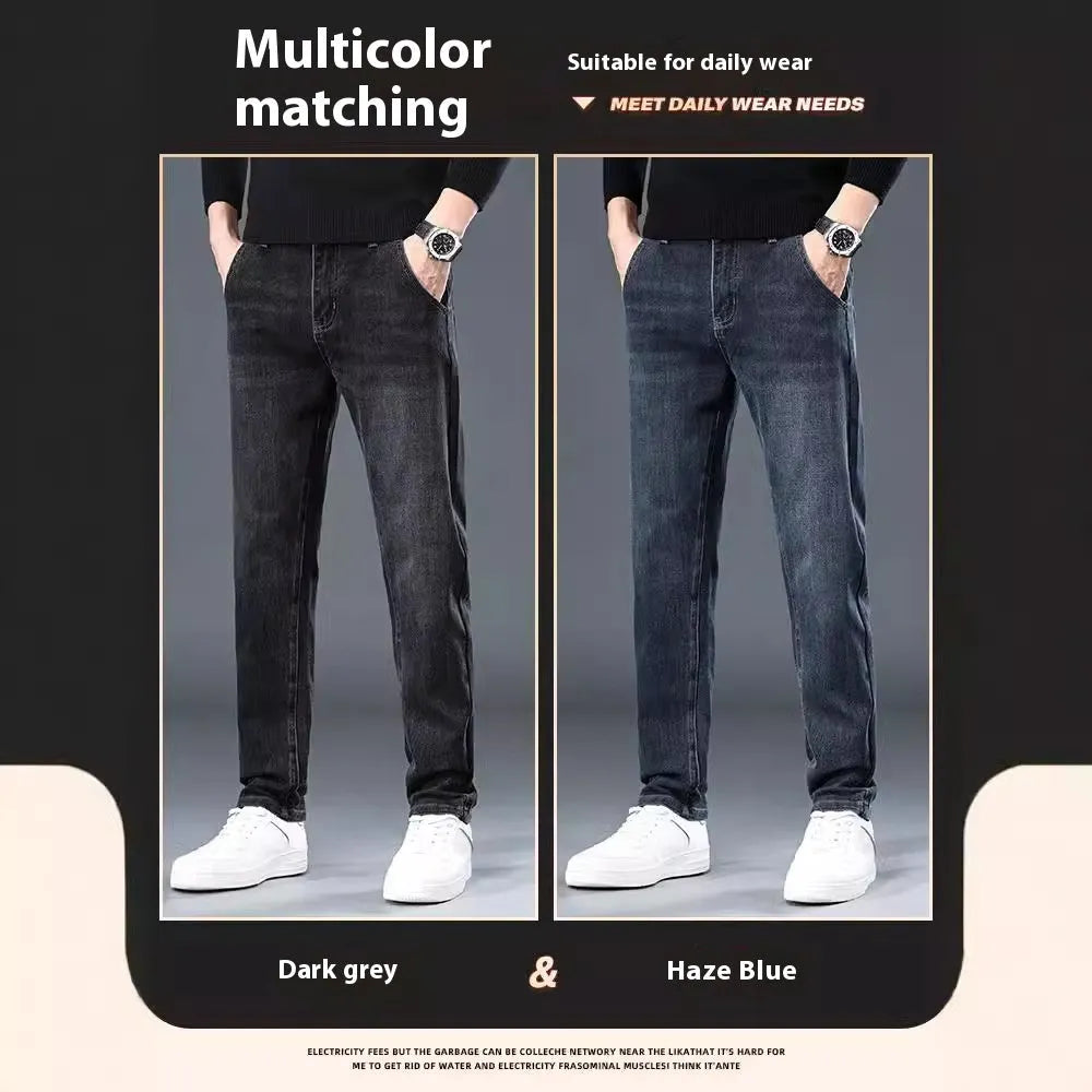 Men's slim straight casual trousers in polyester fabric with micro-elastic waist and zipper fly