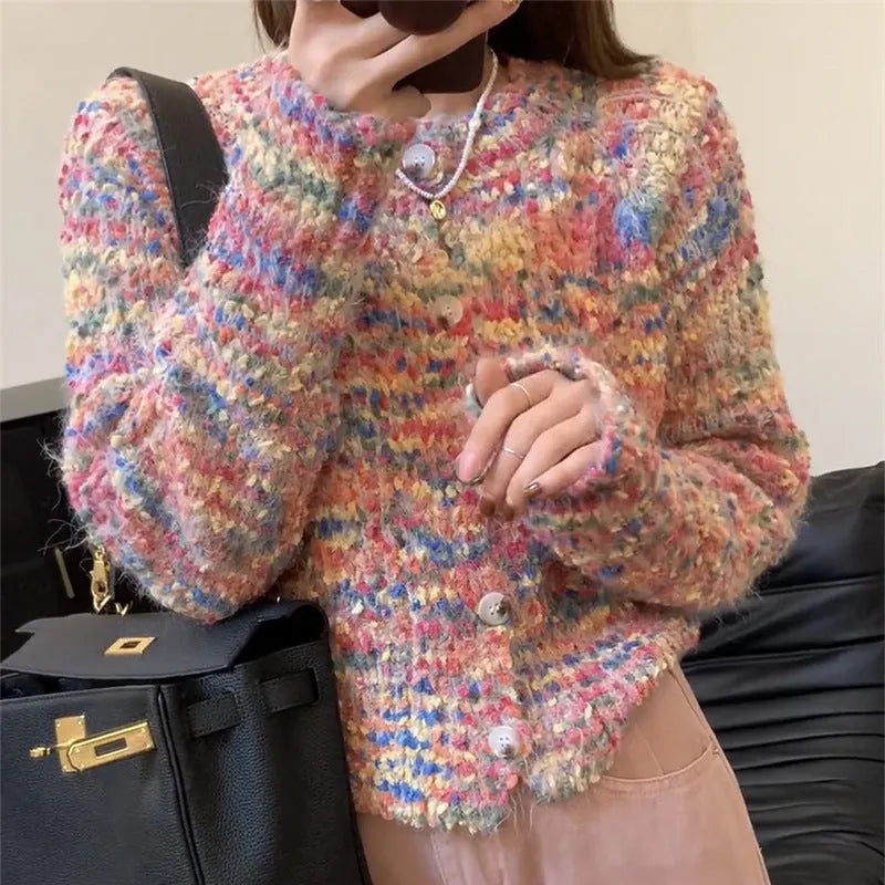 Retro style knitted rainbow cardigan in pink or green with free size slim fit