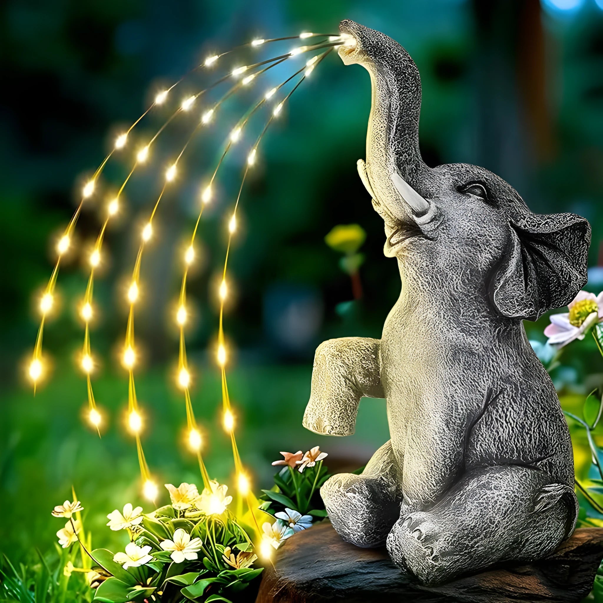 Resin elephant garden sculpture with integrated LED lighting strip for outdoor decoration
