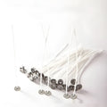White cotton candle wicks showing tightly woven core construction in three length specifications
