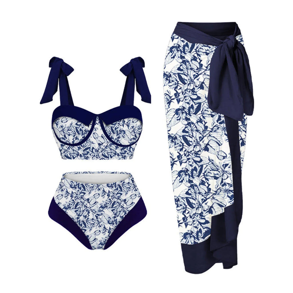 Women's printing pattern three-piece swimsuit set in polyester with skirt, bra and panties