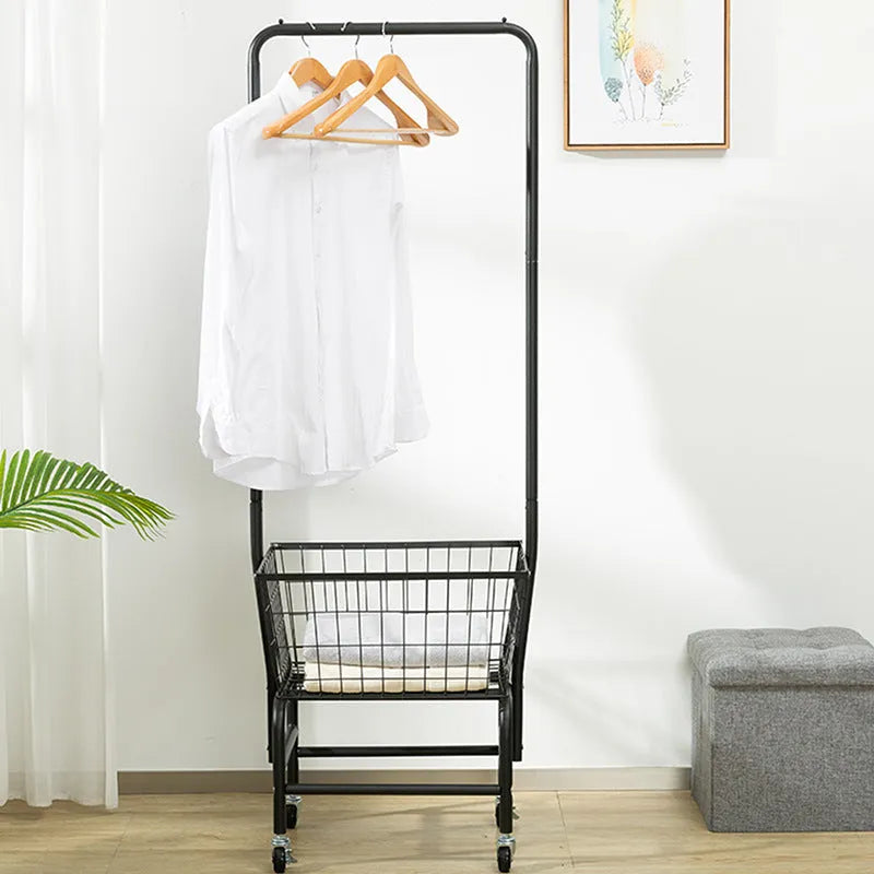 Iron single rod pulley storage car on casters with clothes hanger in white or black finish