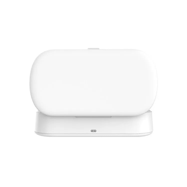 White ABS plastic UV steriliser box with wireless charging for phones and jewellery.