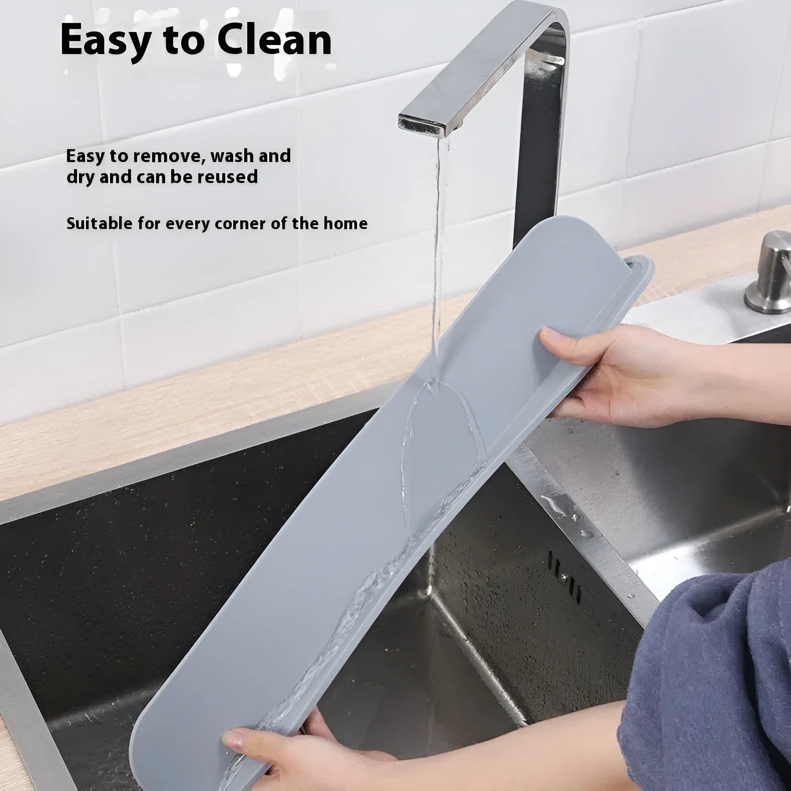Silicone sink water blocking plate in grey, blue, and black colours showing 52mm width