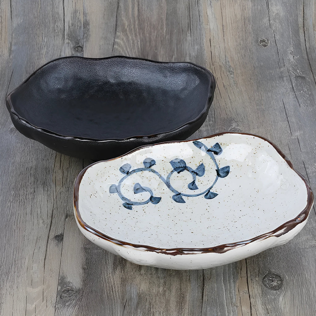 Creative Japanese style coarse pottery sashimi bowl set with irregular shaped floral decorated ceramic tableware