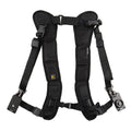 Black nylon dual SLR camera strap with thick sponge shoulder pads, shown carrying two cameras.