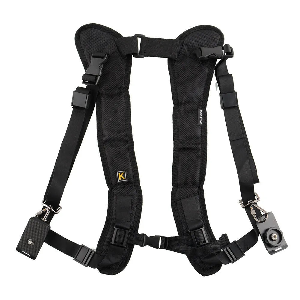 Black nylon dual SLR camera strap with thick sponge shoulder pads, shown carrying two cameras.