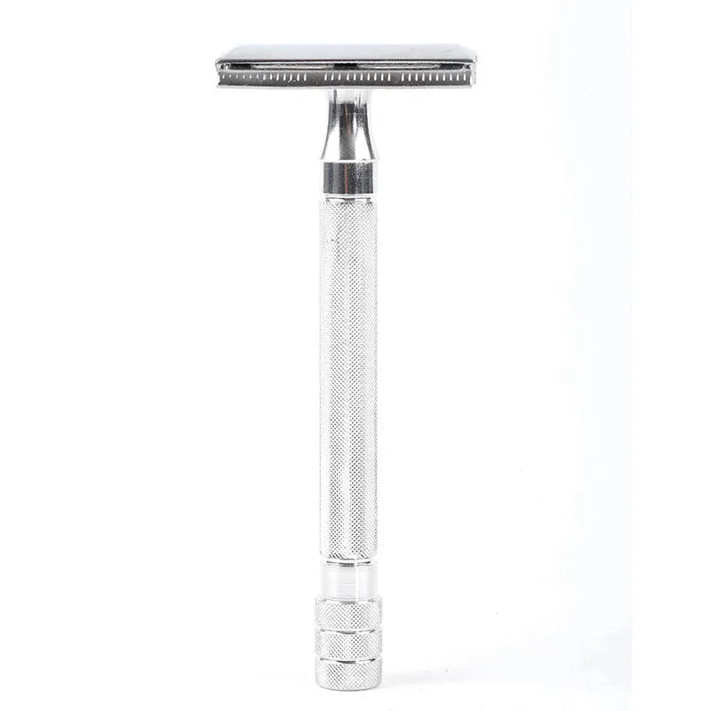 Traditional manual safety razor and shaving brush combination set in black or silver finish