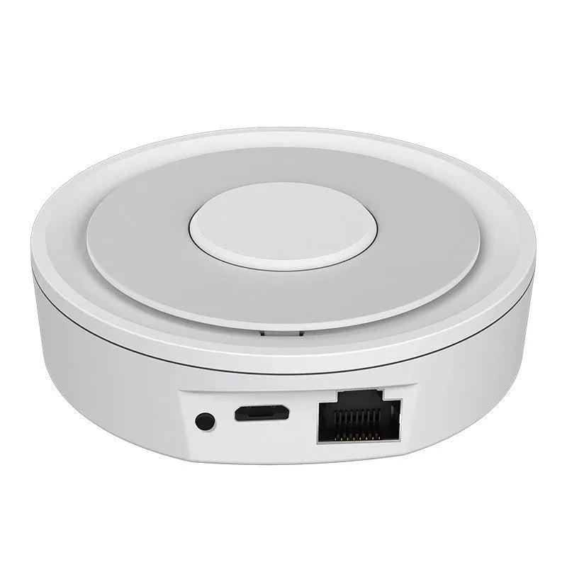 White square ZigBee smart home gateway measuring 78mm with USB power connection