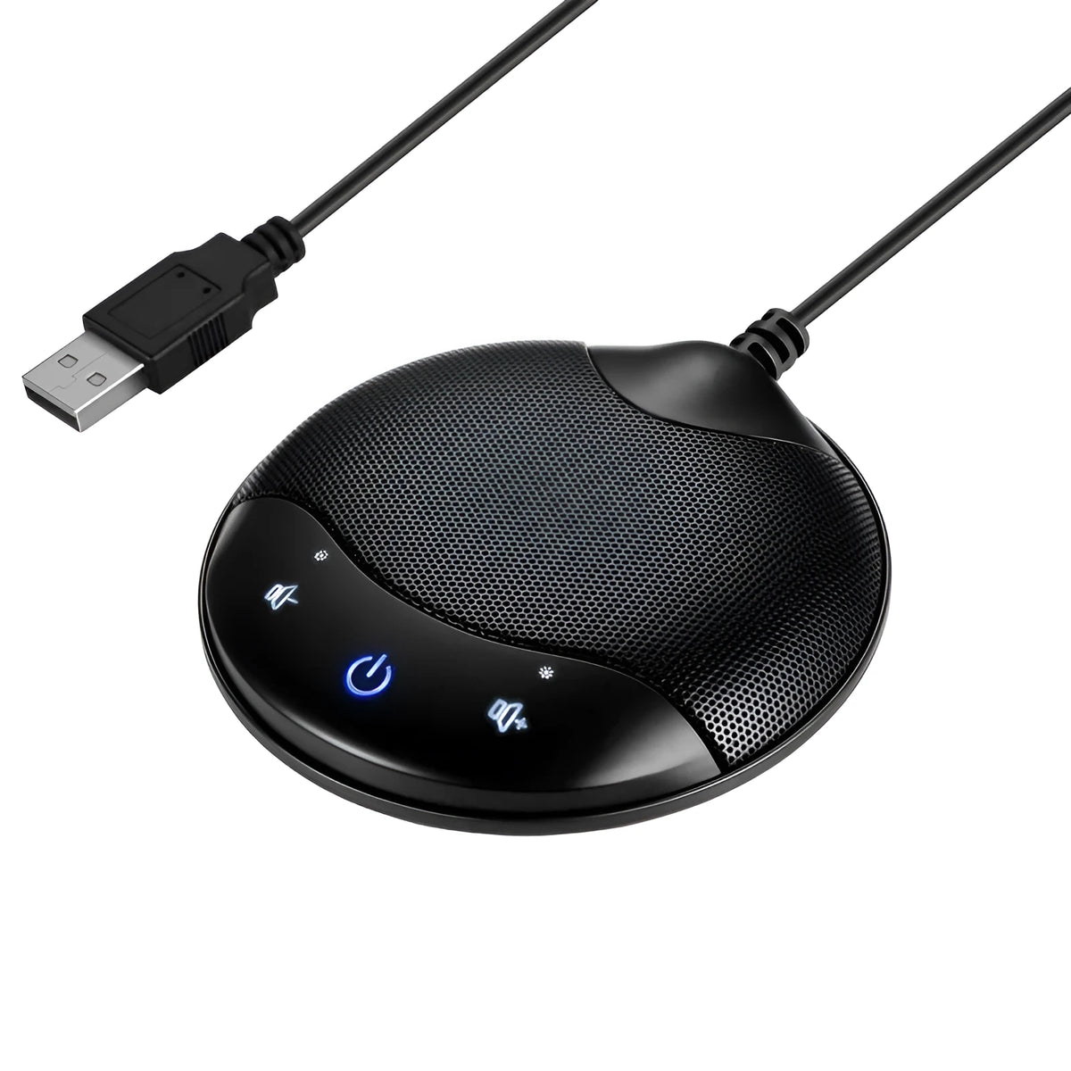 Black USB condenser desktop microphone for conferences and gaming with 9x9x1.7cm dimensions