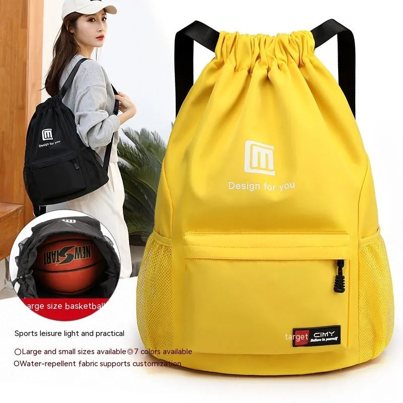Unisex grey Oxford fabric drawstring travel backpack shown folded and unfolded