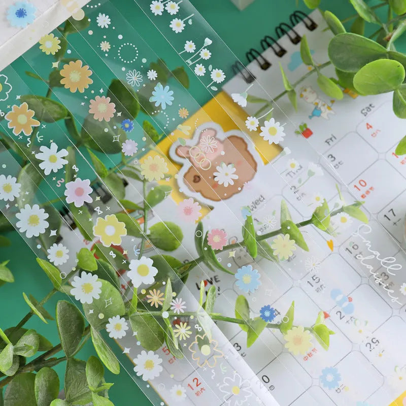 Transparent adhesive tape with midsummer daisy cartoon pattern, 1.5cm width decorative tape