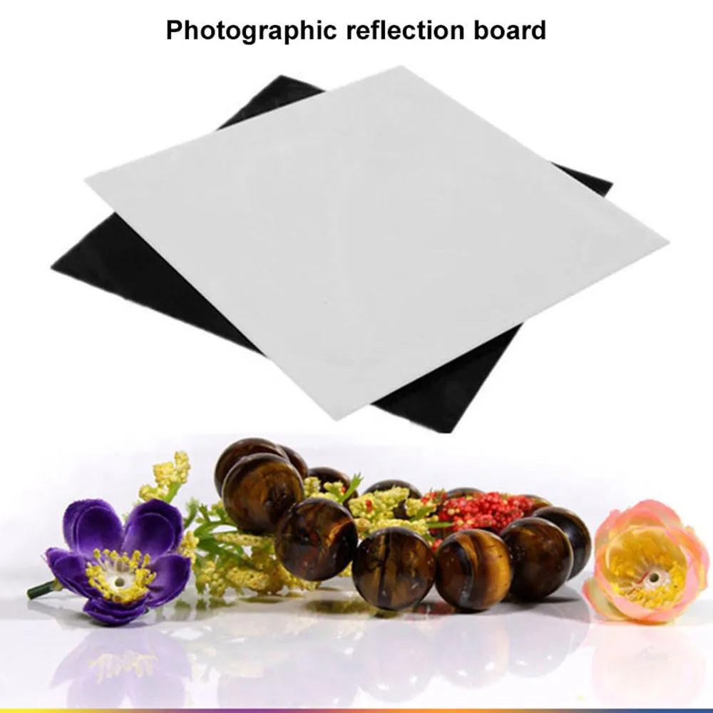 Black and white acrylic reflection boards in 20cm, 30cm, and 40cm square sizes for jewellery photography