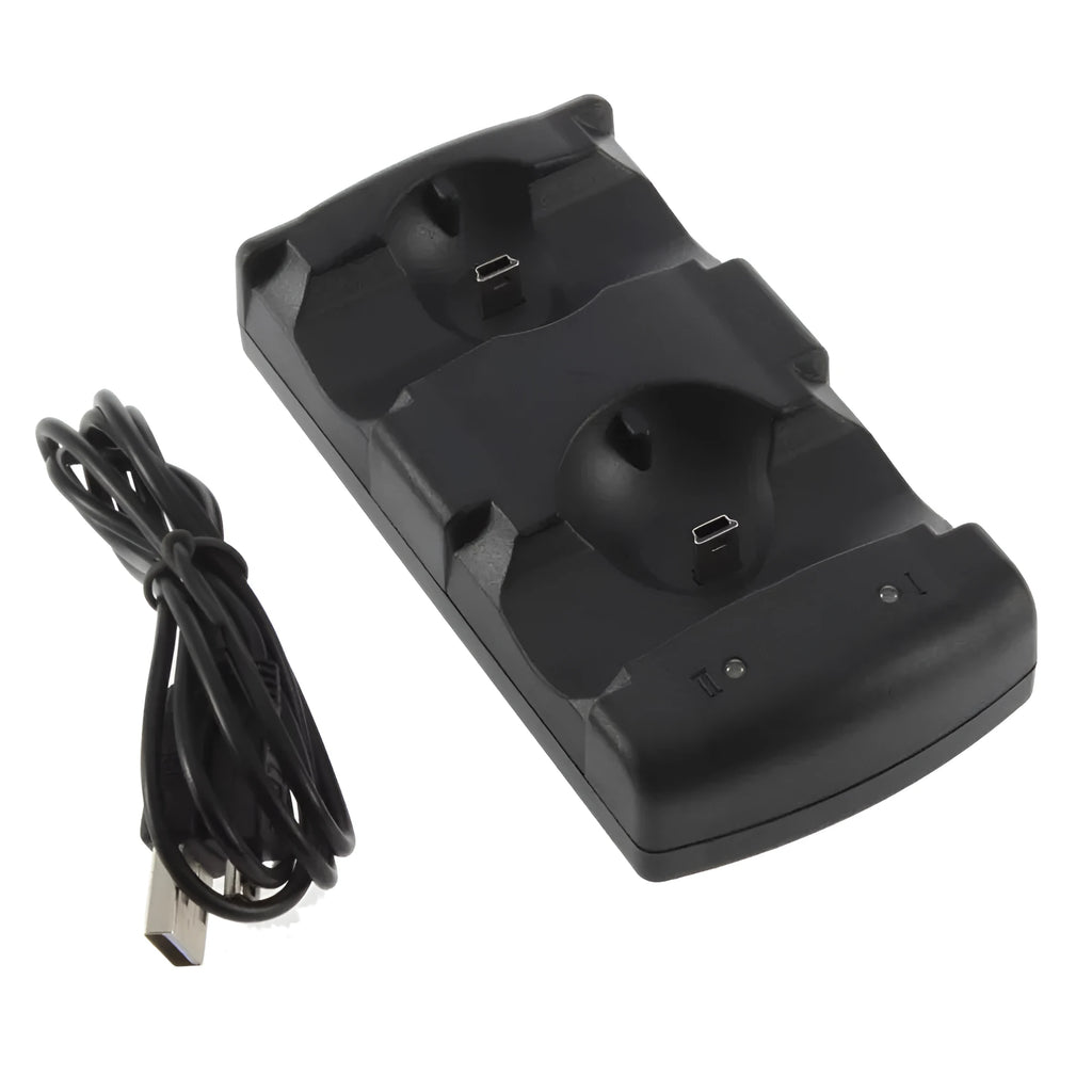 Black plastic dual USB charging dock for PlayStation 3 controllers with a connected cable