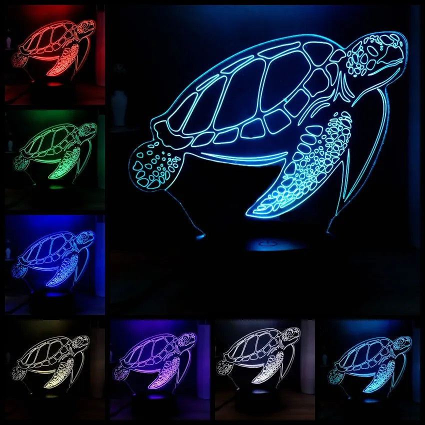 3D acrylic turtle-shaped LED night light with remote control on a table