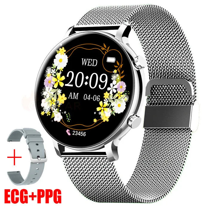 Bluetooth call smartwatch with stainless steel strap showing 41-43mm display with health metrics