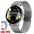 Bluetooth call smartwatch with stainless steel strap showing 41-43mm display with health metrics