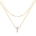 S925 sterling silver double layer twin diamond cross pendant necklace on clavicle chain