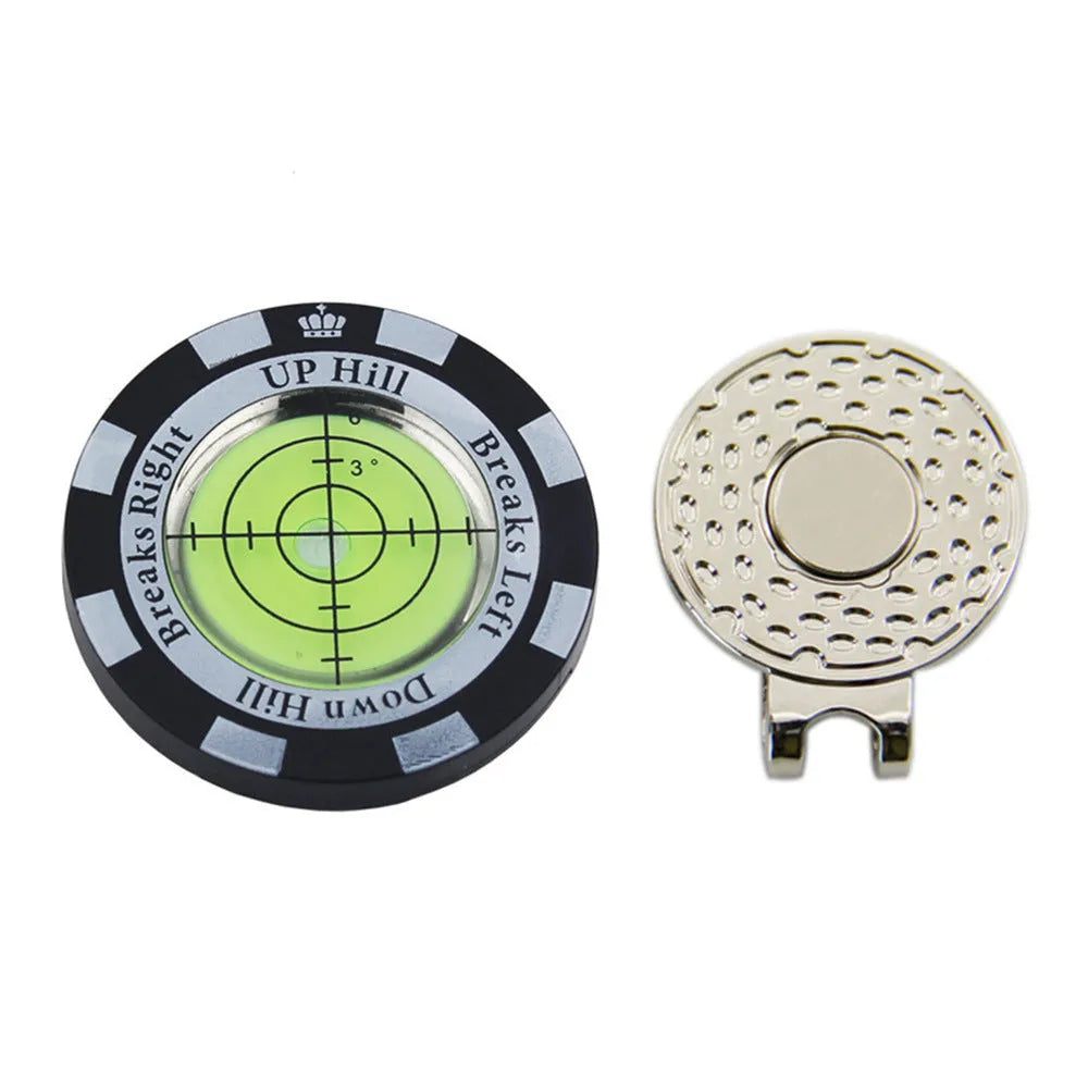 Golf Level measurement tool with hat clip, spirit level vial, and position mark for putting alignment