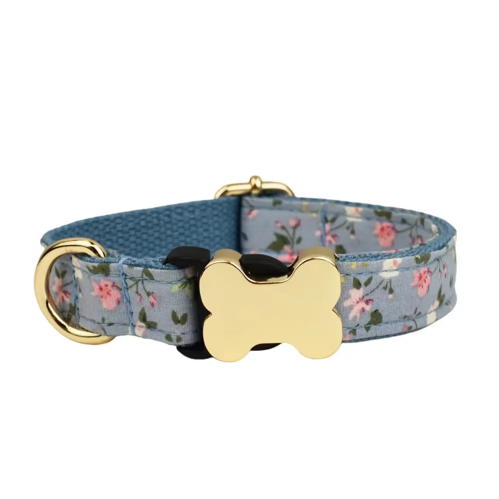 Flat nylon dog collar with printed grid pattern and bone-shaped buckle in multiple colour options