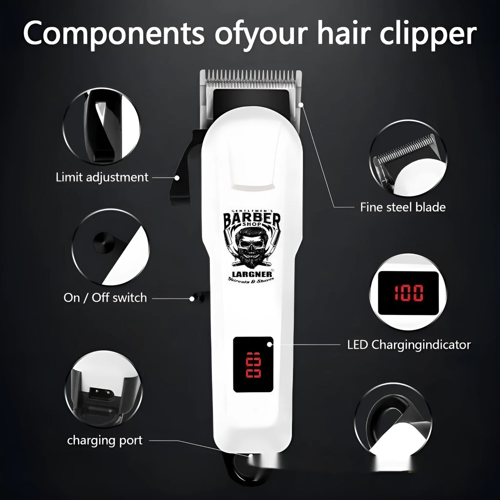 Rechargeable hair clipper with stainless steel cutter head and plastic body, shown with its 4-in-1 attachment combs.