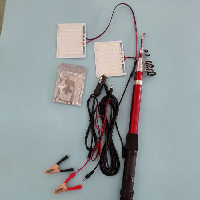 White LED fishing rod light with telescopic pole extended, remote control, showing 120x95mm panel size