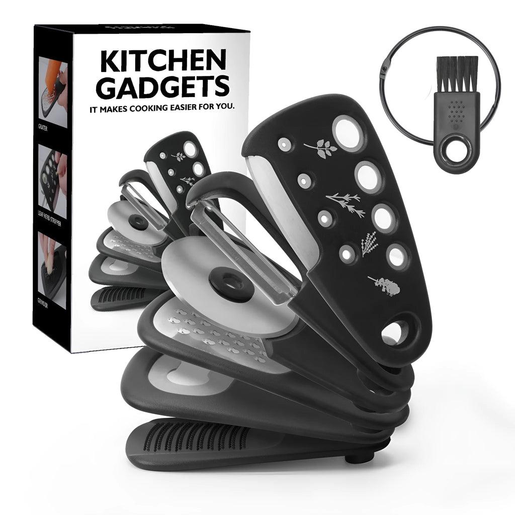 Six-piece kitchen gadget set with stacking design in modern colour box packaging