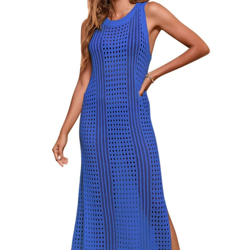 Long loose solid colour beach blouse with hollow-out knitted design on a mannequin, showing apricot colour variant.
