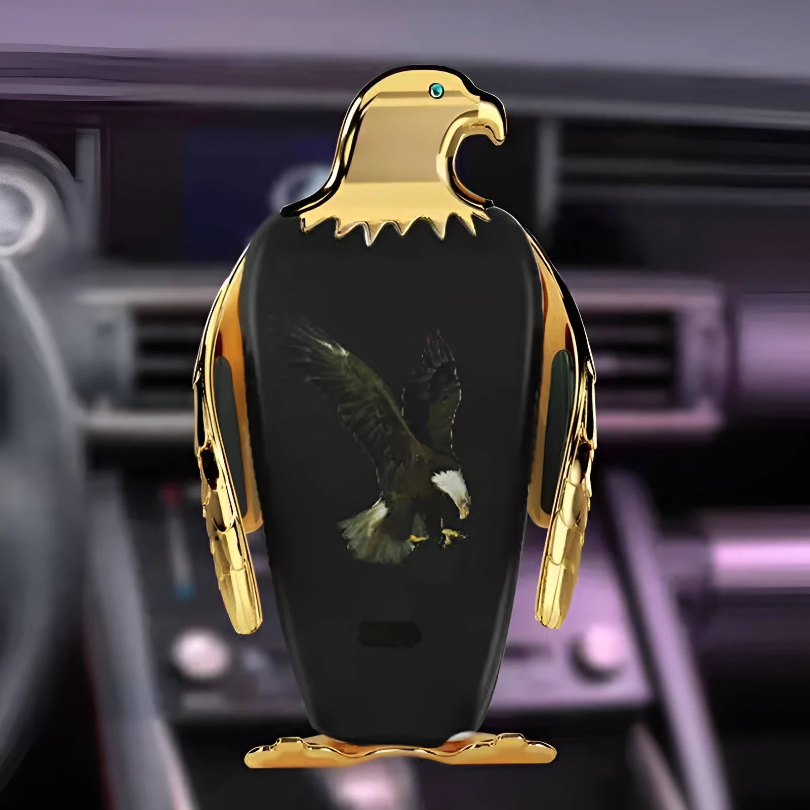 A black and gold wireless charging car phone holder with a suction cup mount, shown on a car dashboard.