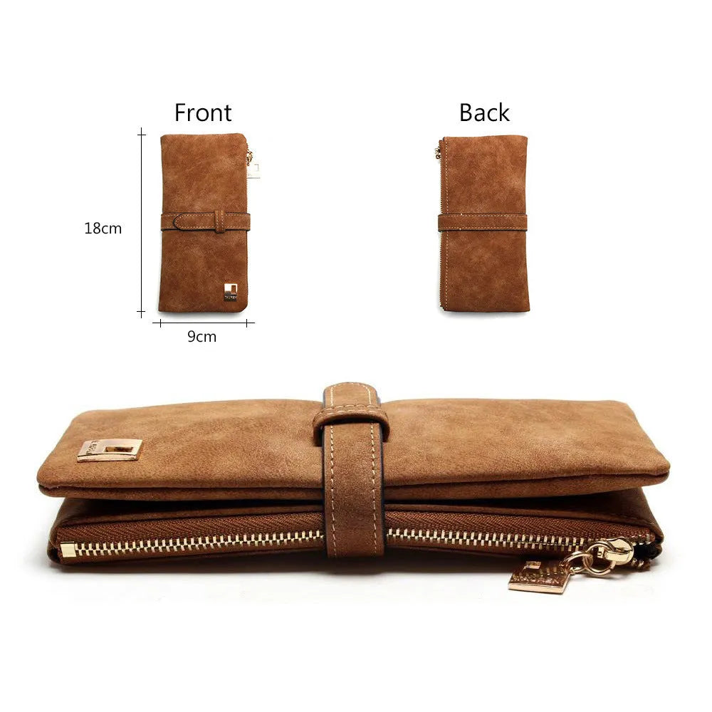 Long retro matte PU leather women's wallet open to show card slots and zip compartment.