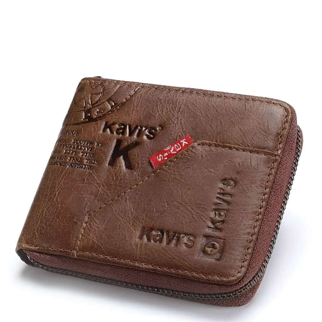 Coffee brown genuine leather men's wallet with zipper open showing multiple internal card slots and compartments.