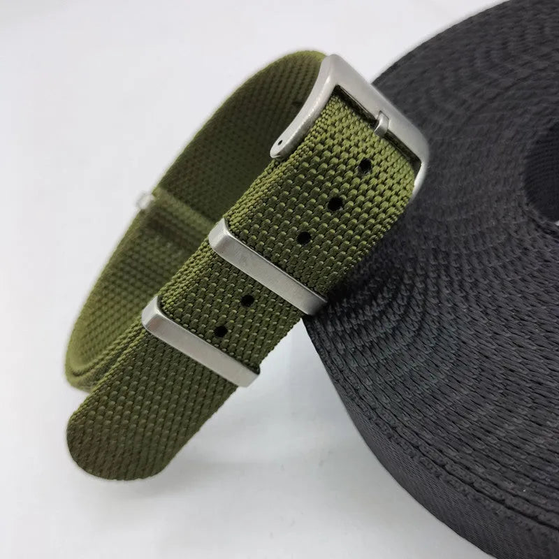 Textile nylon watch strap in Army Green colour showing integrated design and adjustment holes