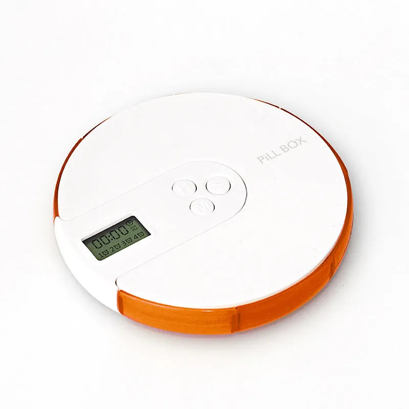 Seven-compartment electronic pill dispenser with alarm clock display, shown in multiple colour options.