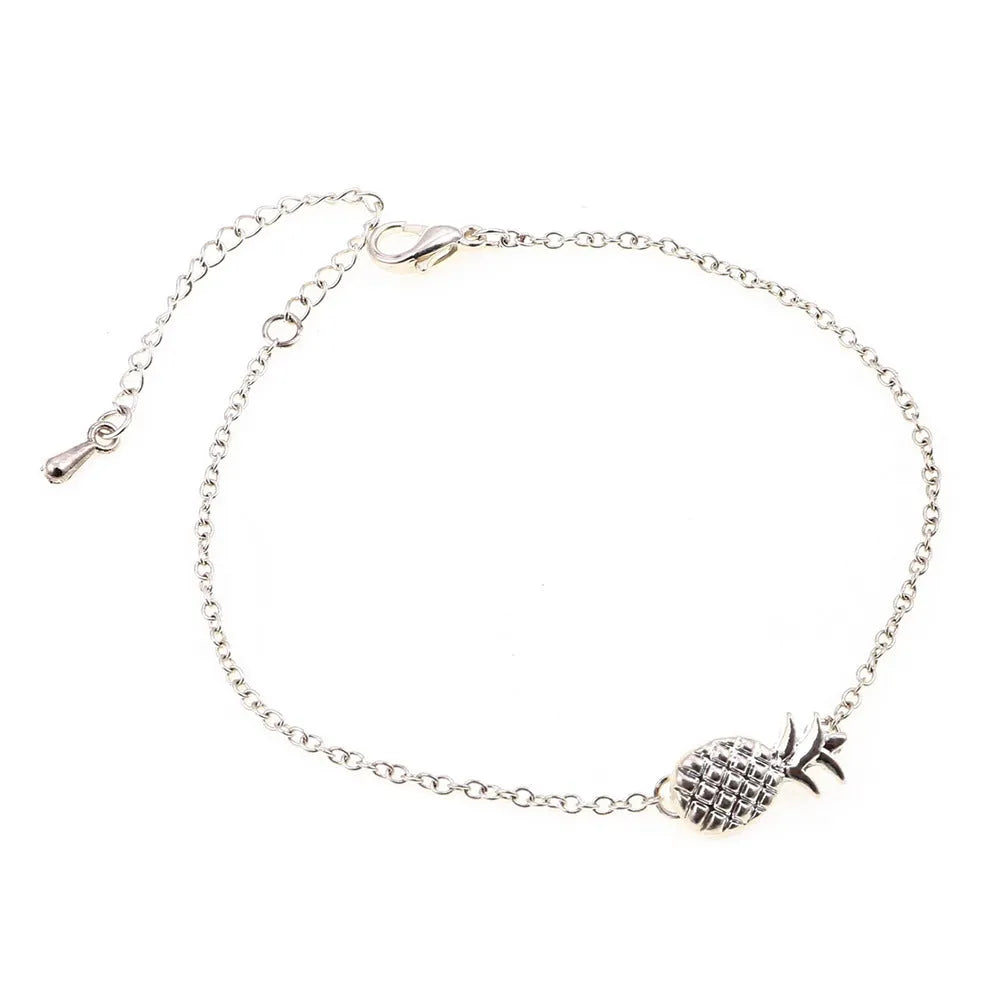 Women's alloy bracelet with pineapple fruit charm in gold or silver tone simple jewellery design