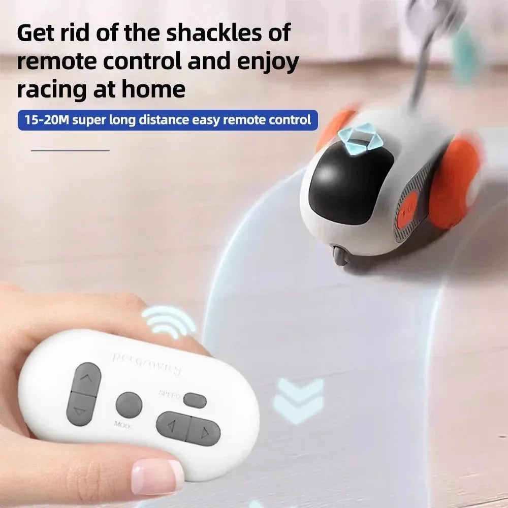 Smart cat toy car with feather teaser attachment in blue colour with remote control