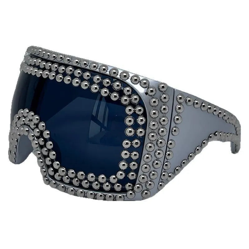 Men's punk square sunglasses with large frame and rivet details in silver or gold colour