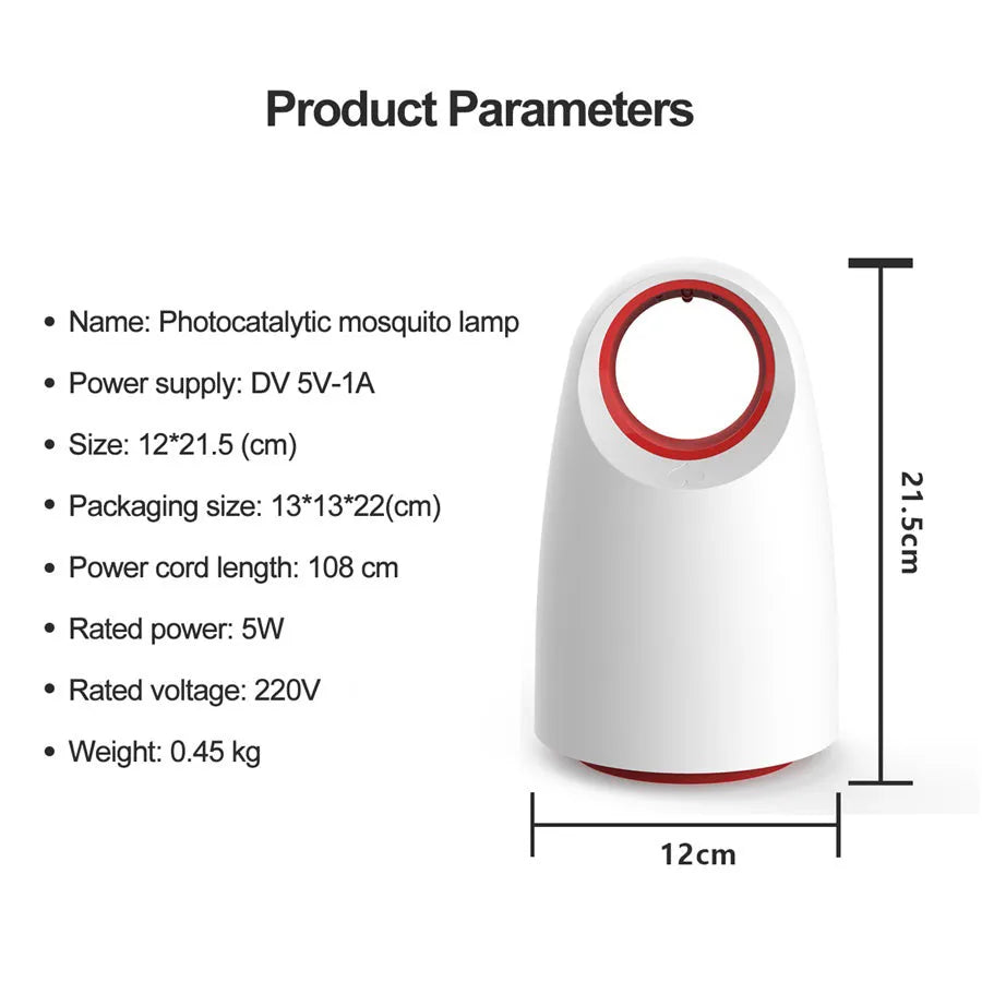 Black or white silent UV mosquito killer on a table with USB cable, dimensions 12x12x21.5cm.