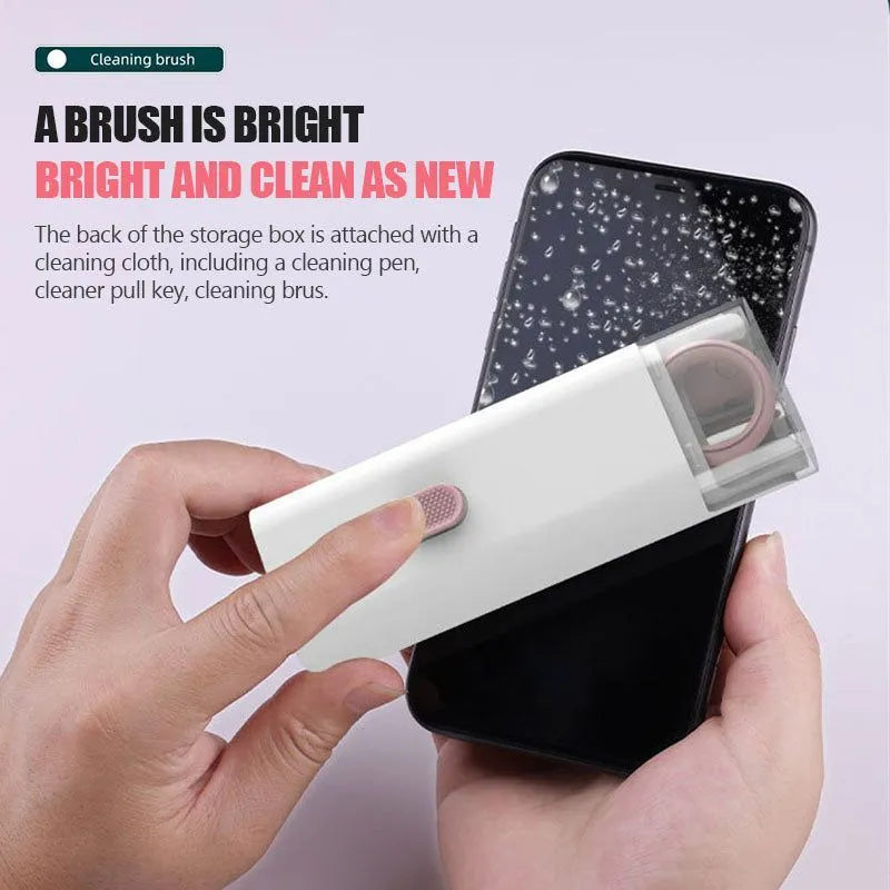 Multifunctional cleaning pen set with keycap puller, screen spray, and retractable brush in ABS, 60x130x15mm