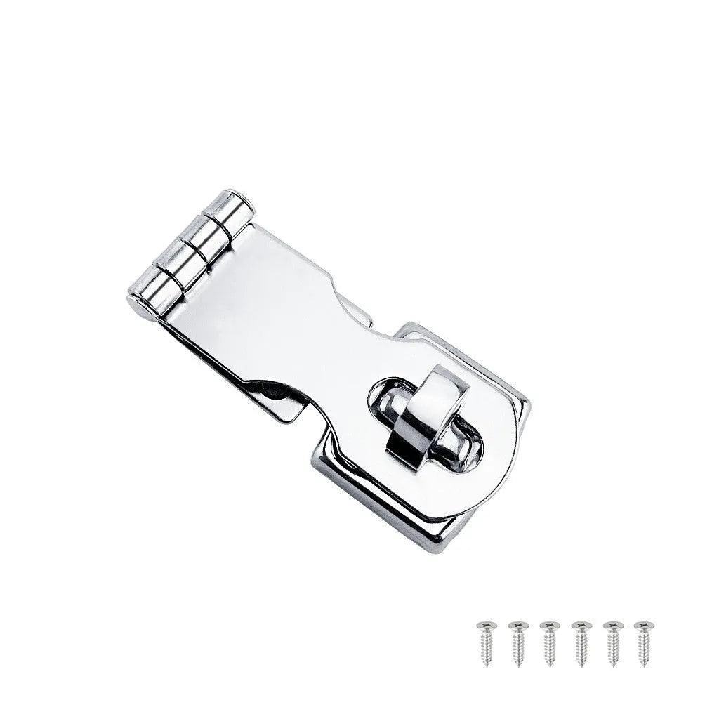 Silver stainless steel lock latch with a mirror finish for doors and cabinets.