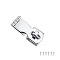 Silver stainless steel lock latch with a mirror finish for doors and cabinets.