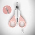 Grey and pink cat nail clippers with safety lock and angled stainless steel blade for pet grooming.