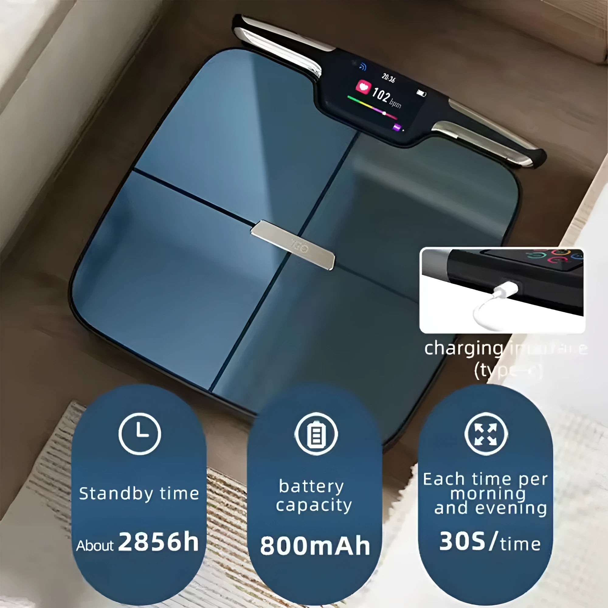 Black eight-electrode body fat scale with digital display on 45cm square platform