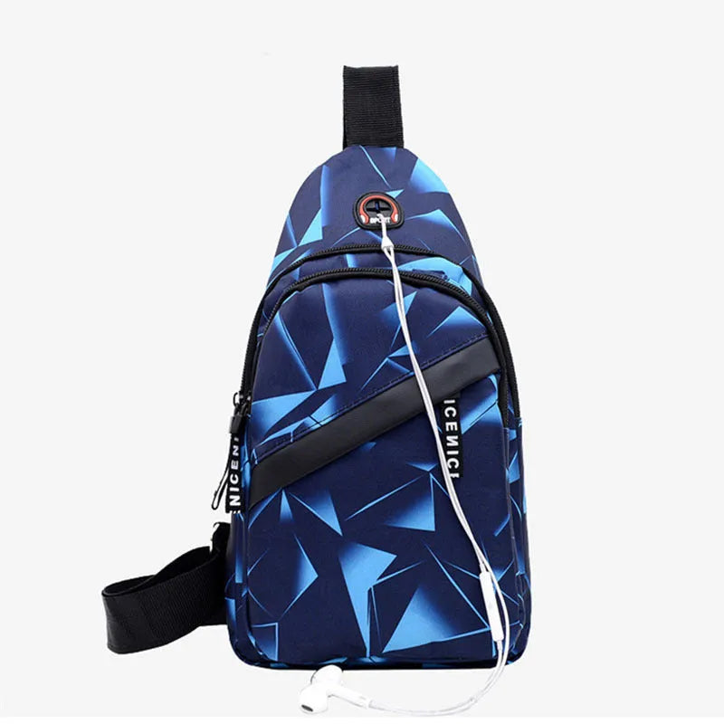 Oxford cloth men's crossbody sling bag with earphone hole and zipper closure