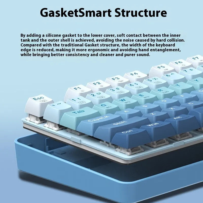 Three-mode mechanical keyboard with 104 keys in multiple colour options showing USB-C port and wireless connectivity
