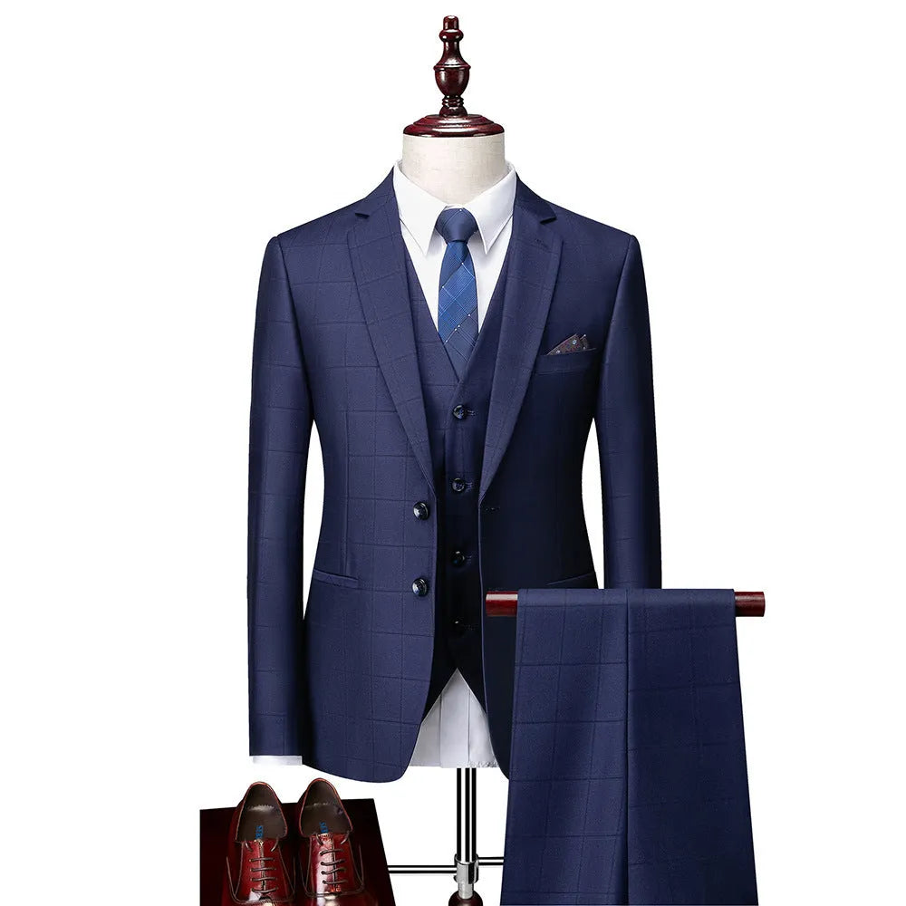 Men's navy blue slim fit plaid three-piece business casual suit with vest