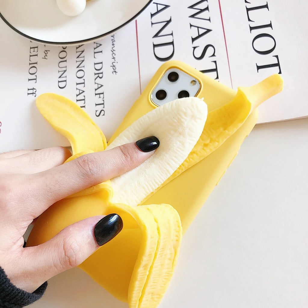 Squeeze the banana graphic on an open banana coloured IMD back cover case for iPhone.