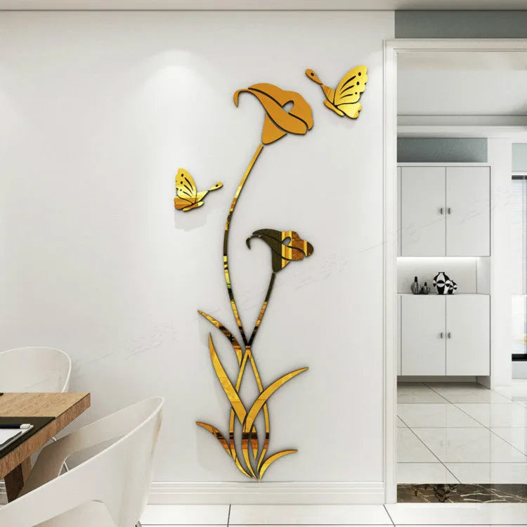 Lily 3D stereo acrylic wall sticker showing dimensional floral design in metallic gold colour