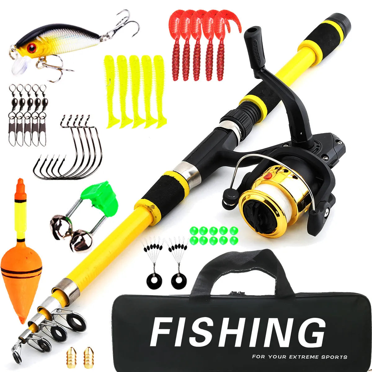 Children's fishing rod set with pole and wheel in blue, green, red or yellow colours with accessory box